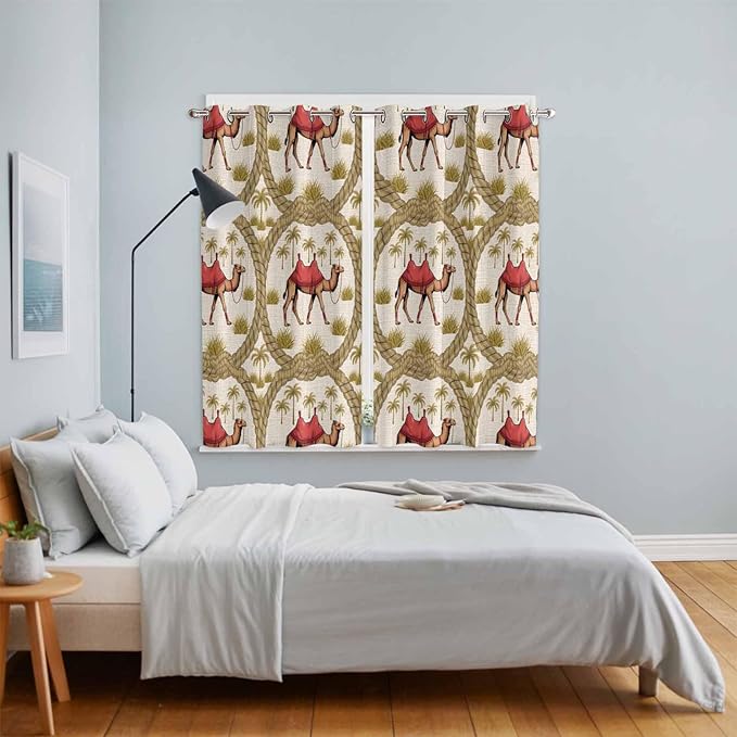 2 Panel Kitchen Cafe Curtains, Camels Palm Trees Sunlight Filtering Nature Air Through, Window Decor Tier Curtains for Living Room 104W x 84L inch Desert Date Coconut Trees Leaves Cords Beige