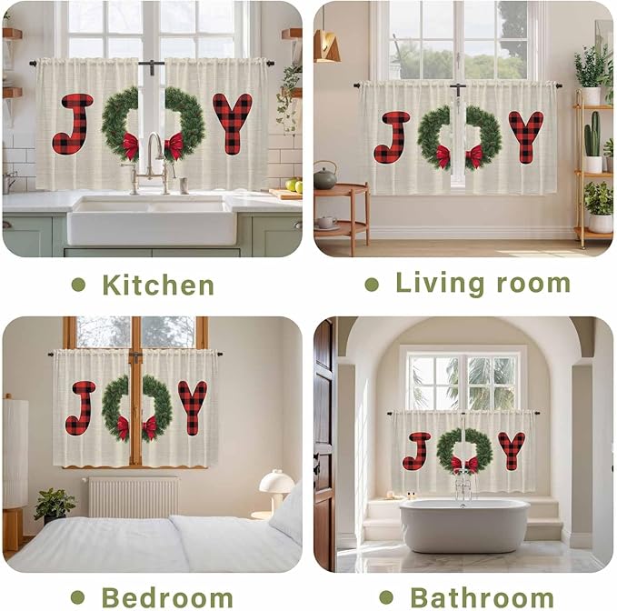 Red Green Christmas Kitchen Tier Curtains 45 Inch Long 2 Panel Set,Rod Pocket Short Window Treatment,Farmhouse Xmas Botanical Winter Curtains & Drapes for Bathroom Basement 27.5"W x 45"L