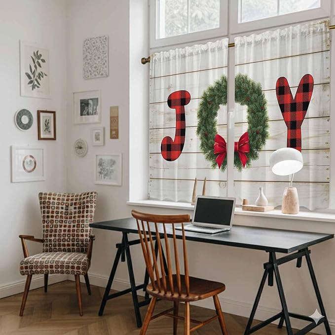 Christmas Wreaths Kitchen Tier Curtains 45 Inch Long 2 Panel Set,Rod Pocket Short Window Treatment,Winter Bow Plaid Farmhouse Wooden Grain Curtains & Drapes for Bathroom Basement 27.5"W x 45"L