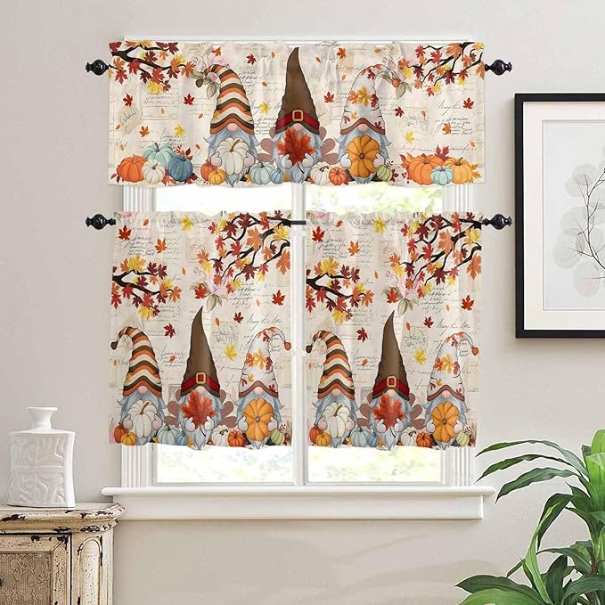 Fall Gnomes Kitchen Curtain Set, Thanksgiving Maple Leaf Rustic Pumpkin Window Valance and Tiers 36" Length, Light Filtering Short Curtains Valance for Cafe Bathroom Bedroom 54"x18"