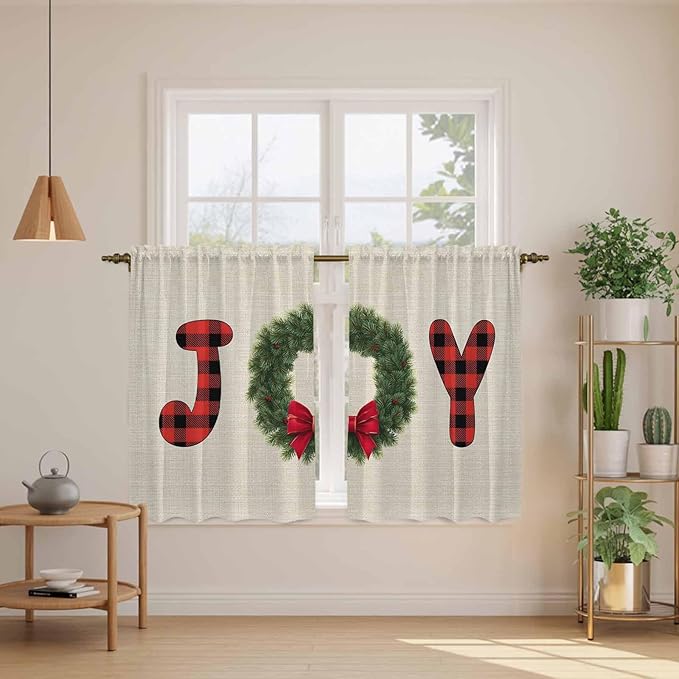 Red Green Christmas Kitchen Tier Curtains 45 Inch Long 2 Panel Set,Rod Pocket Short Window Treatment,Farmhouse Xmas Botanical Winter Curtains & Drapes for Bathroom Basement 27.5"W x 45"L