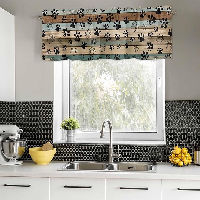 Dog Paws Valance Curtains for Kitchen, Teal Brown Wood Grain Privacy Rod Pocket Valance Curtain, Light-Filtering Window Treatment for Bedroom Bathroom, 42"x12"