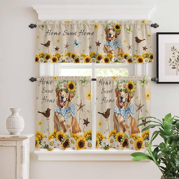 Kitchen Curtains Tiers and Valance Set of 3, Sunflowers Dog Light Filtering Window Curtain Set, Spring Watercolor Floral Stars on Linen Rod Pocket Curtain Drapes for Cafe, Living Room, 24 Inches Tiers