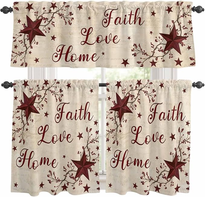 Kitchen Curtains Tiers and Valance Set of 3, Vintage Country Light Filtering Window Curtain Set, Vintage Rustic Texas Stars Plants Branch Rod Pocket Curtain Drapes for Living Room, 36 Inches Tiers