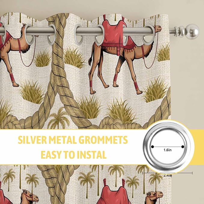 2 Panel Kitchen Cafe Curtains, Camels Palm Trees Sunlight Filtering Nature Air Through, Window Decor Tier Curtains for Living Room 104W x 96L inch Desert Date Coconut Trees Leaves Cords Beige