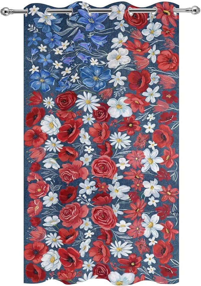 4th of July Outdoor Curtains for Patio Patriotic Flowers Farmhouse Red Waterproof Outside Curtains with Grommet Top Weatherproof Curtain for Cabana Pergola Gazebo, 1 Panel, 54" W x 108" L