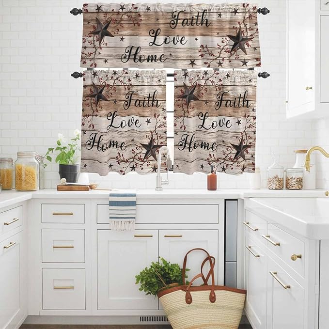 Kitchen Curtains Tiers and Valance Set of 3, Rustic Star Brown Light Filtering Window Curtain Set, Vintage Plants Berry Wooden Grain Rod Pocket Curtain Drapes for Cafe, Living Room, 36 Inches Tiers