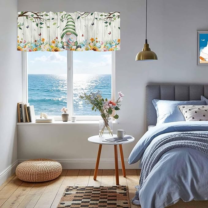 Easter Gnomes Curtain Valances for Windows, Kitchen Valance Window Treatment, Spring Watercolor Eggs Flower Wood Grain Light Filtering Block Curtains for Bathroom/Bedroom/Living Room 60'' x 18''
