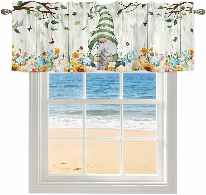 Easter Gnomes Curtain Valances for Windows, Kitchen Valance Window Treatment, Spring Watercolor Eggs Flower Wood Grain Light Filtering Block Curtains for Bathroom/Bedroom/Living Room 42'' x 12''