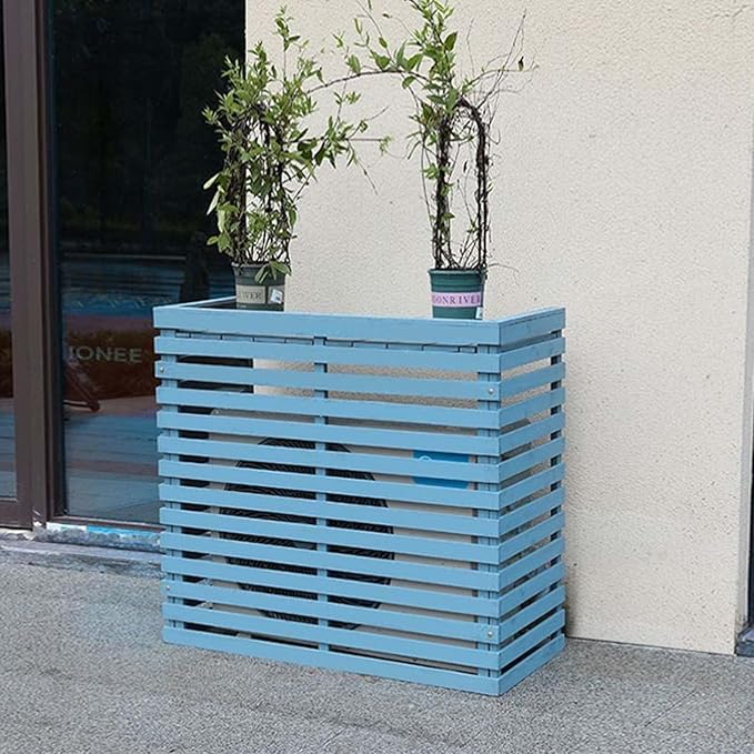 Wood Air Conditioner Fence Screen - Hide Outdoor Unit Stylishly with Tall Weatherproof Shutters Central Air Conditioner Covers (Blue L120Xw60Xh105Cm)