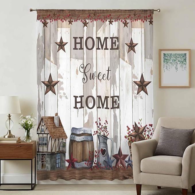 Farmhouse Sheer Curtains 45 Inch Length Retro Country Star Berry Vintage Wood Grain Chiffon Curtain for Bedroom Living Room Light Filtering Window Treatments Voile Curtains Drapes for Kitchen