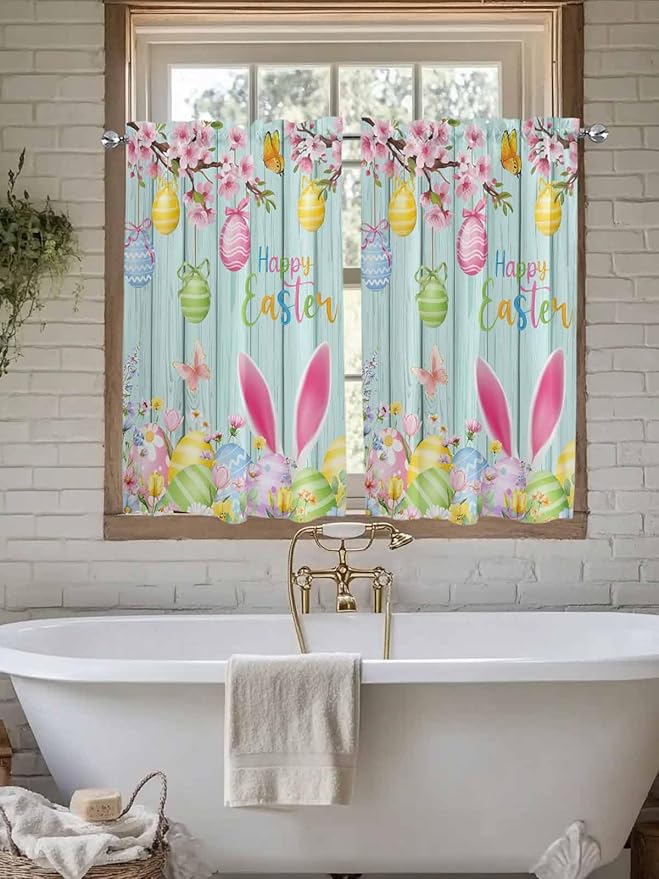 Happy Easter Kitchen Curtains 54 Inches Length, Spring Bunny Eggs Flower Teal Wood Grain Window Treatment Curtain Drapes, Thermal Insulated Drapes for Basement Hotel RV, 42"x54", 2 Panels