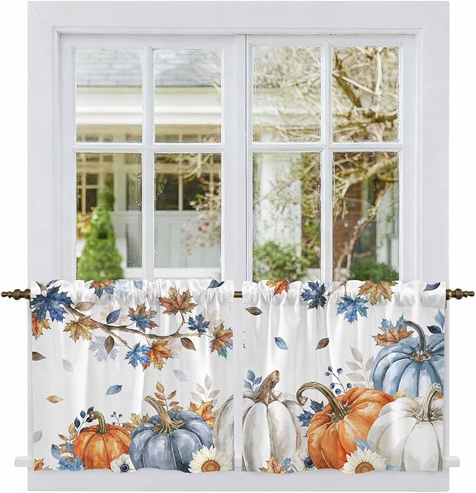 Navy Blue Pumpkin Fall Kitchen Tier Curtains 36 Inch Long 2 Panel Set,Rod Pocket Half Window Curtains Over Sink,Thanksgiving Maple Leaves Branches Short Drapes for Bathroom Cafe 27.5"W x 36"L