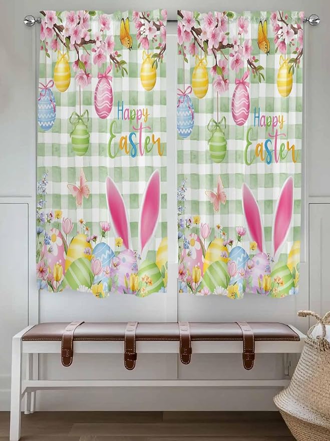 Happy Easter Living Room Curtains 72 Inches length, Spring Bunny Eggs Flower Sage Green Plaid Window Treatment Curtain Drapes, Light Filtering Drapes for Bedroom Laundry Room, 52"x72", 2 Panels
