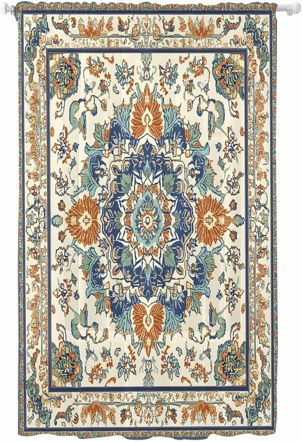 Sheer Curtains 96 Inches Long, Southwest Farmhouse Semi Sheer Curtains Light Filtering Window Treatment, Orange Blue Desert Bohemian Privacy Voile Drapes for Living Room Bedroom 52x96 Inch