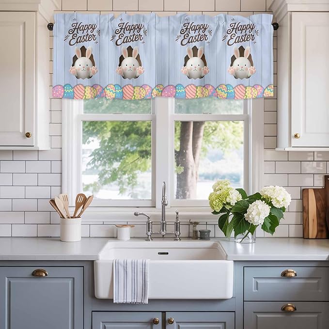 Blue Easter Curtain Valances for Windows, Kitchen Valance Window Treatment, Spring Cartoon Bunny Colorful Eggs Wood Grain Light Filtering Block Curtains for Bathroom/Bedroom/Living Room 42'' x 12''
