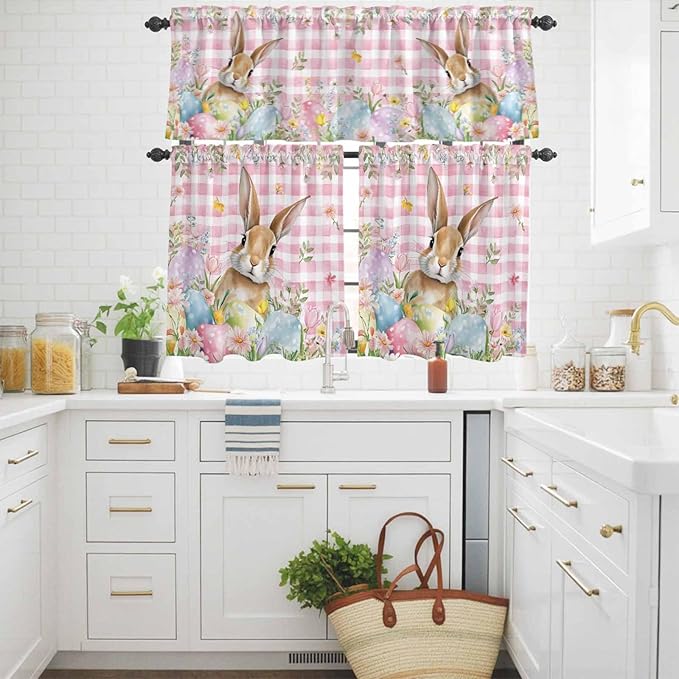 Kitchen Curtains Tiers and Valance Set of 3, Easter Light Filtering Window Curtain Set, Spring Rabbit Eggs Nature Botanicals Pink Plaid Rod Pocket Curtain Drapes for Cafe, Living Room, 36 Inches Tiers
