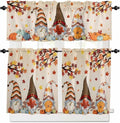 Fall Kitchen Curtain Set, Orange Pumpkins Thanksgiving Gnomes Autumn Maple Leaf Window Valance and Tiers 24" Length, Light Filtering Short Curtains Valance for Cafe Bathroom Bedroom 54"x18"