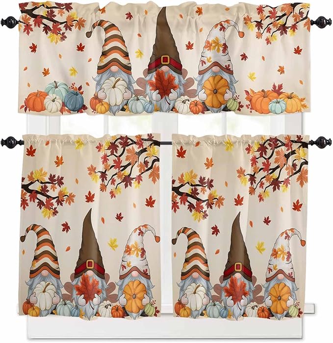 Fall Kitchen Curtain Set, Orange Pumpkins Thanksgiving Gnomes Autumn Maple Leaf Window Valance and Tiers 36" Length, Light Filtering Short Curtains Valance for Cafe Bathroom Bedroom 54"x18"