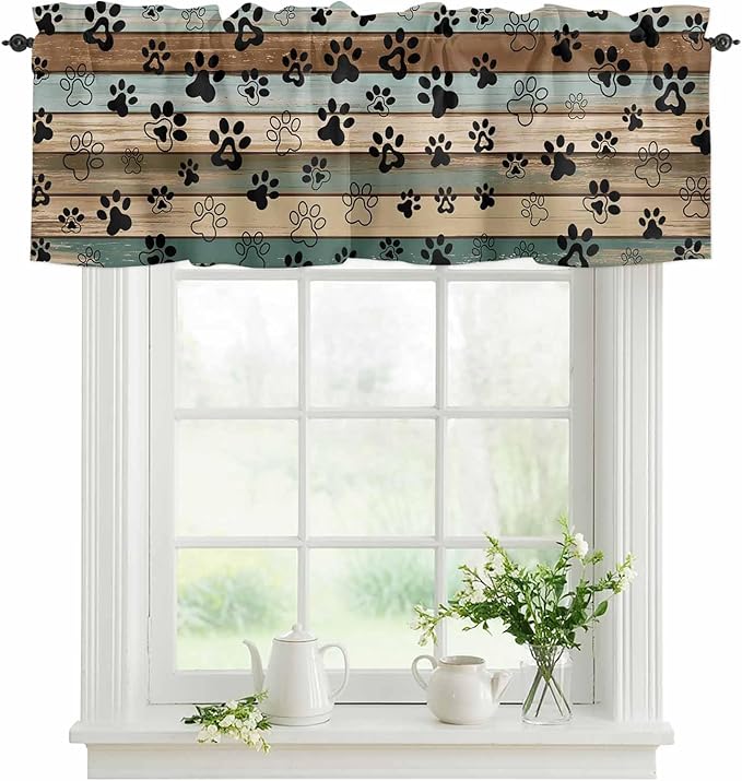 Dog Paws Valance Curtains for Kitchen, Teal Brown Wood Grain Privacy Rod Pocket Valance Curtain, Light-Filtering Window Treatment for Bedroom Bathroom, 42"x12"