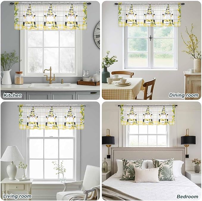 Lemon Dwarfs Sheer Valance Curtains, Gnome Green Leaf Wood Striped Black Plaid Light Filtering Kitchen Valances Rod Pocket Voile Curtain Window Treatment for Bedroom/Living Room/Basement 60Wx18L