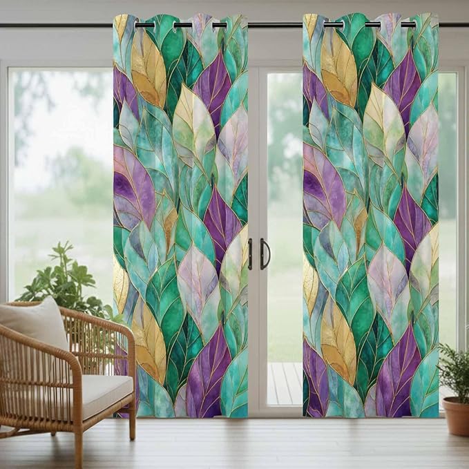 Leaves Outdoor Curtains for Patio Gorgeous Leaf Abstract Spring Waterproof Outside Curtains with Grommet Top Weatherproof Curtain for Cabana Pergola Gazebo, 2 Pack, 54" W x 108" L