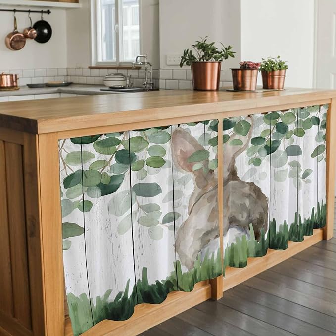 Easter Tier Curtains, Country Rabbit Botanical Leaves Wooden Grain Light Filtering Kitchen Curtains, 2Pcs Rod Pocket Half Window Treatments Panels for Sink Cafe Cabinet Camper 27.5x36 Inches