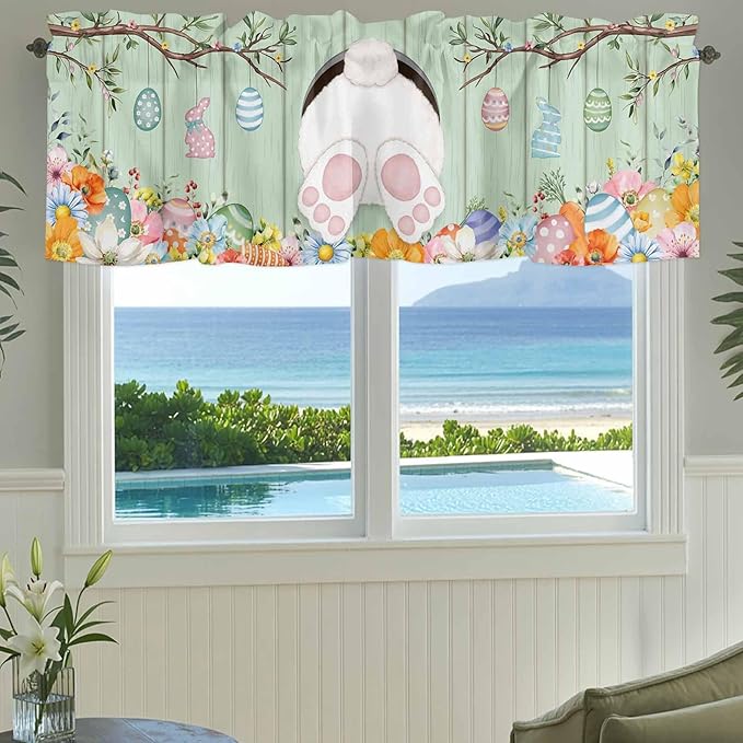 Easter Curtain Valances for Windows, Kitchen Valance Window Treatment, Spring Watercolor Bunny Eggs Wooden Grain Green Light Filtering Block Curtains for Bathroom/Bedroom/Living Room 42'' x 18''