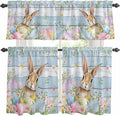Kitchen Curtains Tiers and Valance Set of 3, Easter Light Filtering Window Curtain Set, Farmhouse Spring Rabbit Eggs Flowers Wooden Board Rod Pocket Curtain Drapes for Living Room, 36 Inches Tiers