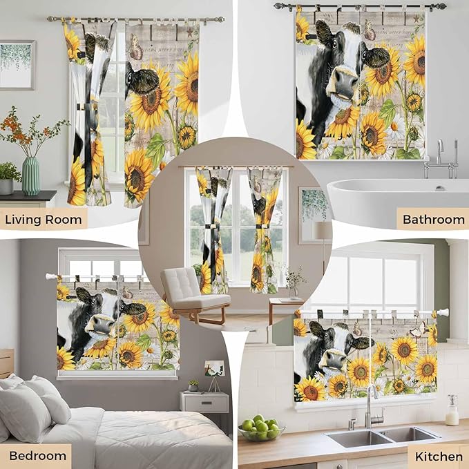 Yellow Sunflowers Living Room Curtains 84 Inch Length, Window Curtains Tab Top, Farmhouse Cow Barn Doors Floral Butterfly Light Filtering Window Treatments Drapes 42"x84" 2 Panel