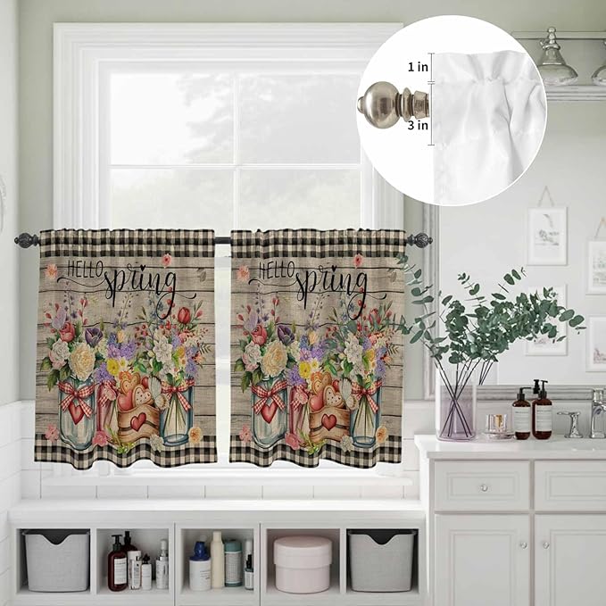 Kitchen Curtains Tiers and Valance Set of 3, Spring Flowers Light Filtering Window Curtain Set, Farmhouse Vintage Black Plaid Wood Grain Rod Pocket Curtain Drapes for Living Room, 24 Inches Tiers