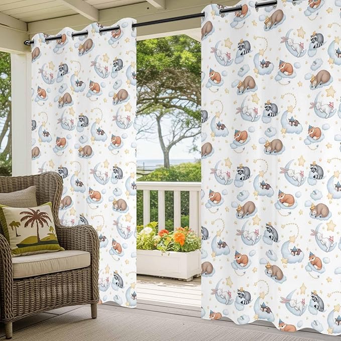 Cartoon Animals Outdoor Curtains for Patio Raccoons Rabbits Moon Waterproof Outside Curtains with Grommet Top Weatherproof Curtain for Cabana Pergola Gazebo, 1 Panel, 54" W x 95" L