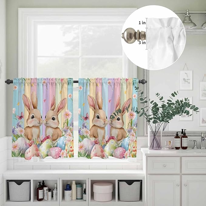 Easter Kitchen Curtains Set 3 Piece for Windows, Rod Pocket Valance and Tier Set 24 Inch Length, Spring Bunny Eggs Botanical Floral Wooden Grain Light Filtering Cafe Curtains for Living Room Bathroom