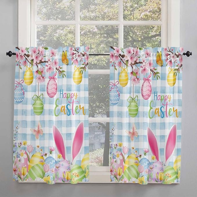 Happy Easter Tier Curtains 45 Inches Long, Spring Watercolor Bunny Eggs Flower Blue Plaid Window Treatment Curtain Drapes, Window Half Privacy Curtains for Bedroom Bathroom, 42"x45", 2 Panels