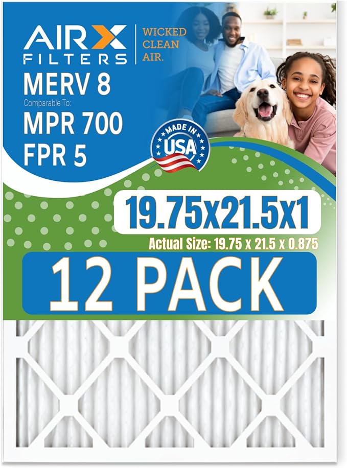19.75x21.5x1 Air Filter MERV 8 Rating, 12 Pack of Furnace Filters Comparable to MPR 700 & FPR 5 - Made in USA by AIRX FILTERS WICKED CLEAN AIR.
