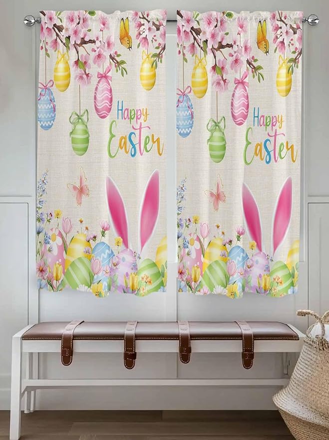Happy Easter Living Room Curtains 72 Inches length, Spring Farmhouse Bunny Eggs Flower Beige Window Treatment Curtain Drapes, Light Filtering Drapes for Bedroom Laundry Room, 52"x72", 2 Panels