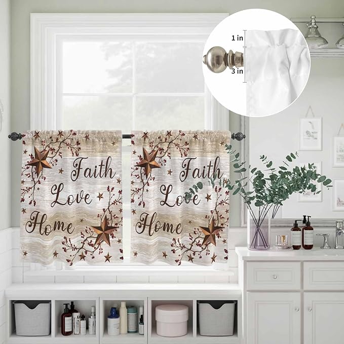 Kitchen Curtains Tiers and Valance Set of 3, Texas Star Brown Light Filtering Window Curtain Set, Farmhouse Retro Branches Wooden Grain Rod Pocket Curtain Drapes for Cafe, Living Room, 36 Inches Tiers