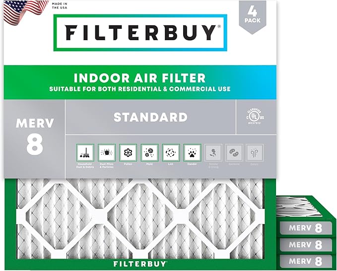 Filterbuy 17x17x1 Air Filter MERV 8 Essential Dust & Allergy Defense (4-Pack), Electrostatic Pleated HVAC AC Furnace Filters Replacement, Made in USA (Actual Size: 17.00 x 17.00 x 0.75)