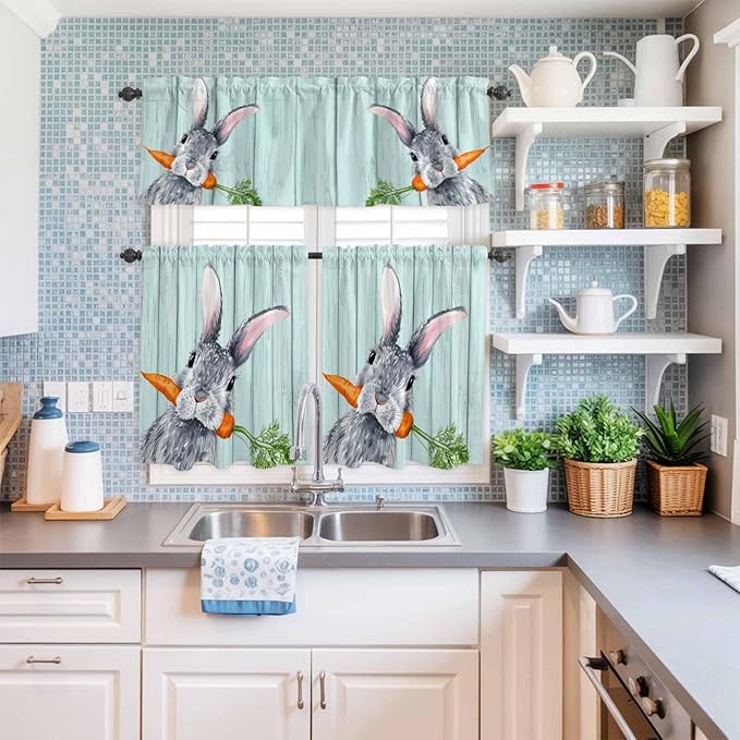 Easter Kitchen Curtain Set, Spring Rabbit Botanical Carrots Green Wooden Grain Window Valance and Tiers 24" Length, Light Filtering Short Curtains Valance for Cafe Bathroom Bedroom 54"x18"