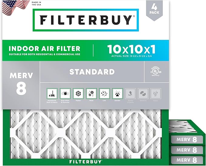 Filterbuy 10x10x1 Air Filter MERV 8 Essential Dust & Allergy Defense (4-Pack), Electrostatic Pleated HVAC AC Furnace Filters Replacement, Made in USA (Actual Size: 9.50 x 9.50 x 0.75)