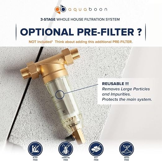 Aquaboon 3-Stage Whole House Water Filtration System with 5 Micron 10x4.5 Anti-Scale Reducing Sediment, KDF Heavy Metals and Carbon Chlorine Reduction Water Filter Purification, Wrench, Bracket