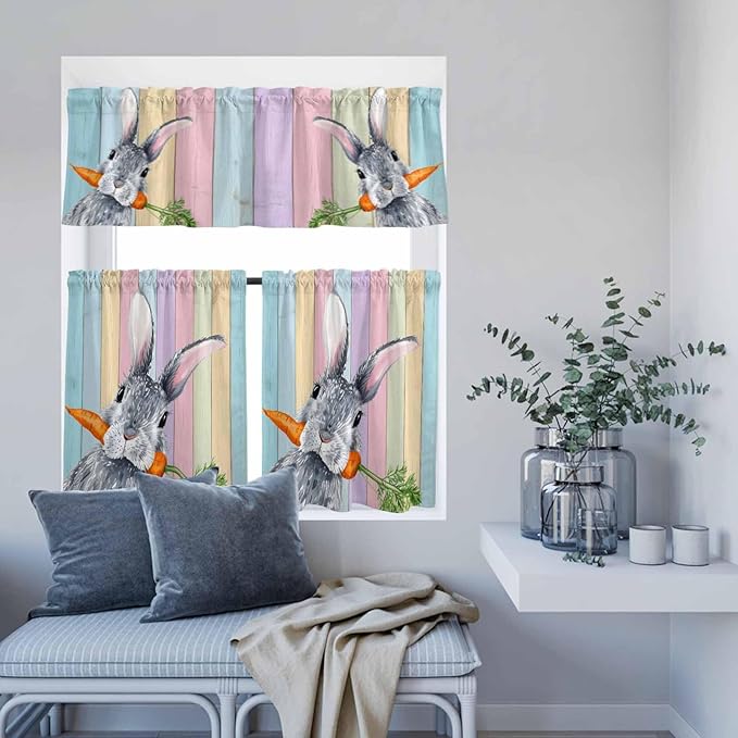 Easter Kitchen Curtain Set, Spring Grey Rabbit Carrots Colorful Wooden Plank Window Valance and Tiers 36" Length, Light Filtering Short Curtains Valance for Cafe Bathroom Bedroom 54"x18"