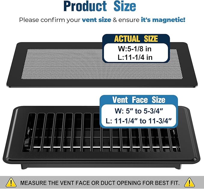 Magnetic Vent Covers with Vent Screen 5.1x11.3 Inch, Black Mesh Vent Covers for Floor, Wall, Ceiling Air Vents to Block Dust, Pet Hair, Fits Standard HVAC Floor Registers in Home, RV, 3 Pack