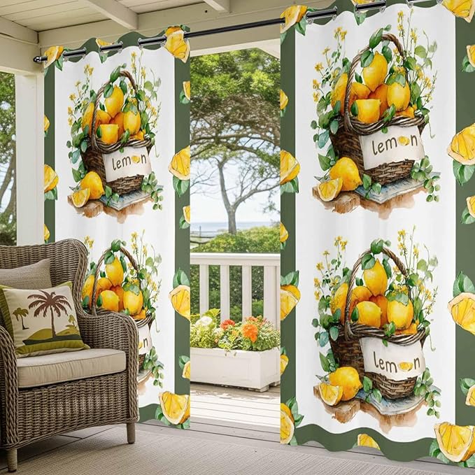 Lemon Outdoor Curtains for Patio Lemons Baskets Summer Tropical Plant Waterproof Outside Curtains with Grommet Top Weatherproof Curtain for Cabana Pergola Gazebo, 2 Pack, 54" W x 95" L