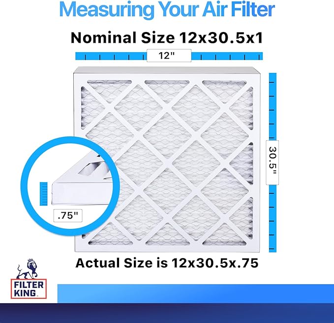 Filter King 12x30.5x1 Air Filter | 6-PACK | MERV 8 HVAC Pleated A/C Furnace Filters | MADE IN USA | Actual Size: 12 x 30.5 x .75"