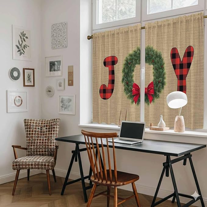 Red Green Christmas Kitchen Curtains 45 Inch Long 2 Panel Set, Rod Pocket Window Treatment, Xmas Botanical Winter Farmhouse Light Filtering Short Curtains & Drapes for Bathroom Laundry 52"W x 45"L