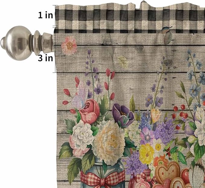 Kitchen Curtains Tiers and Valance Set of 3, Spring Flowers Light Filtering Window Curtain Set, Farmhouse Vintage Black Plaid Wood Grain Rod Pocket Curtain Drapes for Living Room, 24 Inches Tiers