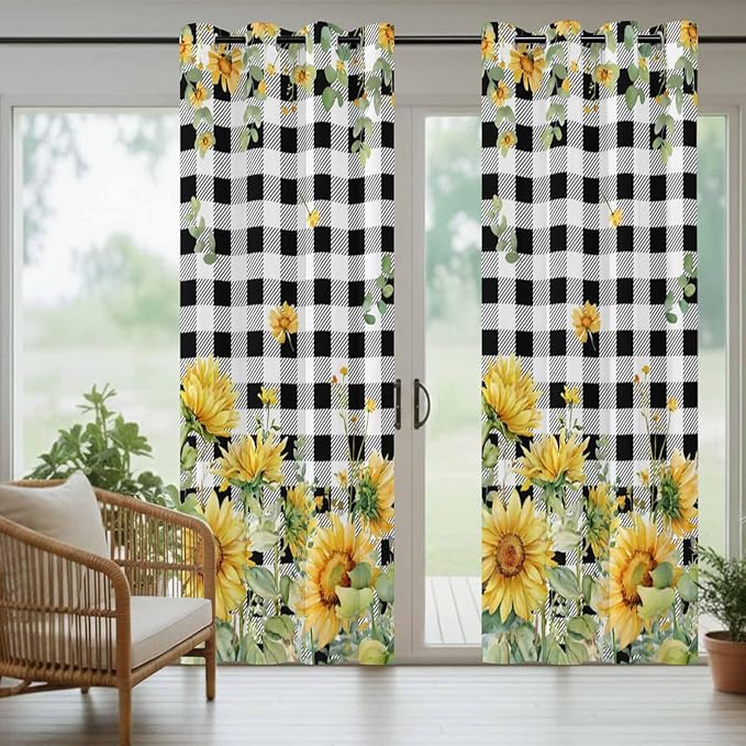 Sunflowers Outdoor Curtains for Patio Summer Floral Eucalyptus Leaf Buffalo Check Waterproof Outside Curtains with Grommet Top Weatherproof Curtain for Cabana Pergola Gazebo, 2 Pack, 54" W x 84" L