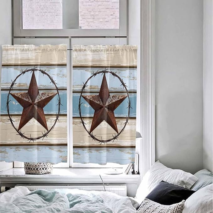 Vintage Western Star on Wood Grain Window Valance Curtains, Retro Wooden Texture Light Filtering Kitchen Valance with 3-inch Rod Pocket for Living Room Bathroom Bedroom,2 Panel,27.5x45In