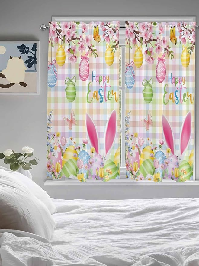 Happy Easter Living Room Curtains 72 Inches length, Spring Bunny Colorful Eggs Flower Plaid Window Treatment Curtain Drapes, Light Filtering Drapes for Bedroom Laundry Room, 52"x72", 2 Panels